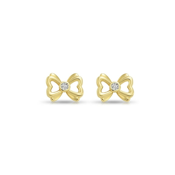 Tilo Jewelry 14K Yellow Gold Ribbon Bow Stud Post Earrings with Cubic Zirconia CZ Stones | Secure Screw-Backs | Dainty Everyday Earrings for Women & Unisex