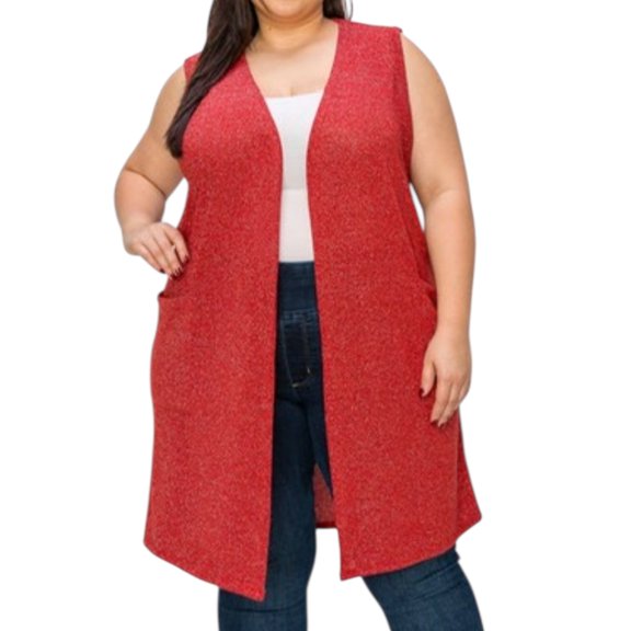 Plus Size Solid With Sparkles Color Vest With Side Pockets (extended sizes)