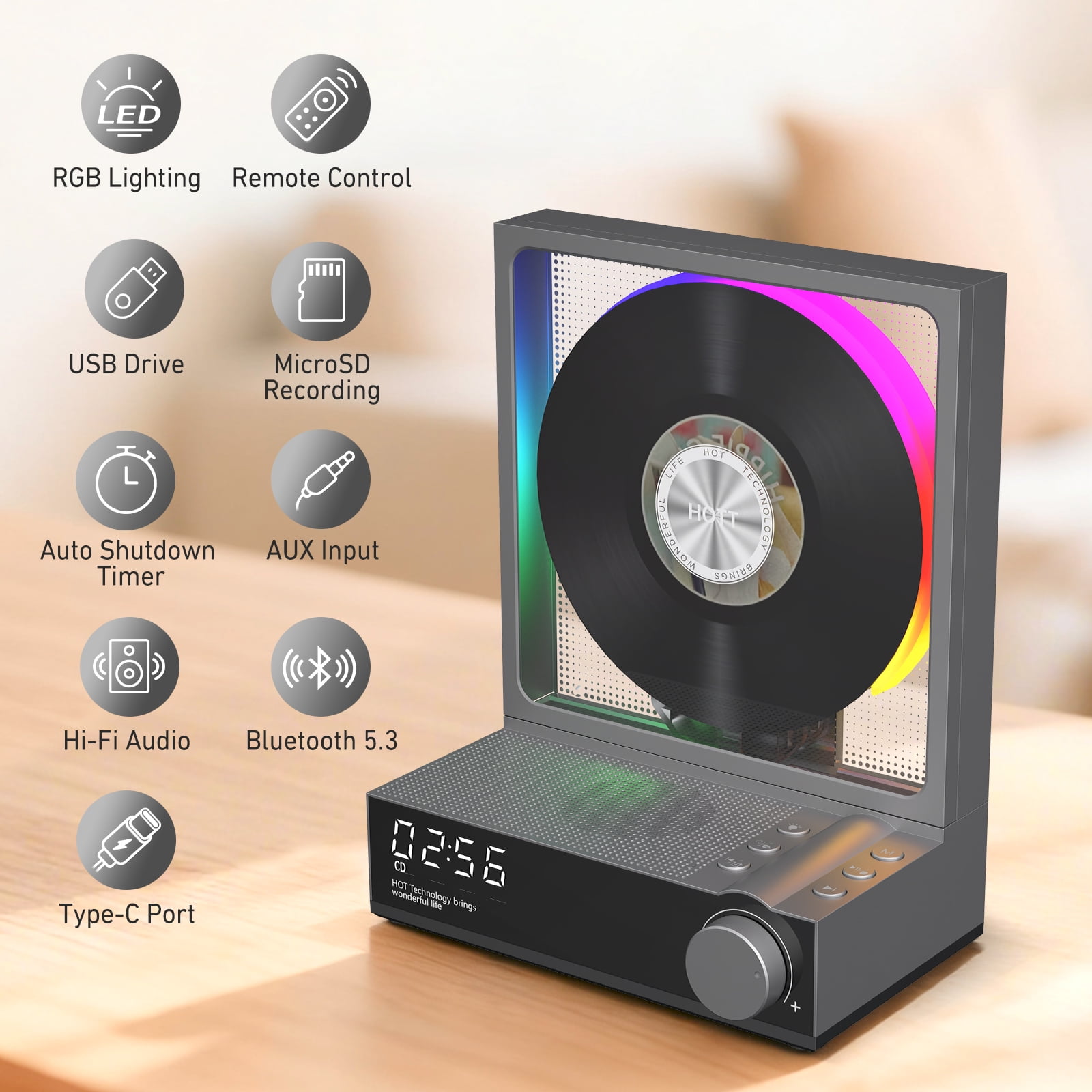 HOTT Portable Desktop CD Player with Bluetooth 5.3, HiFi Speakers, RGB Lights, Supports TF Card, USB, Transcription, LED Screen, Timer cd Players for Home(Gray)