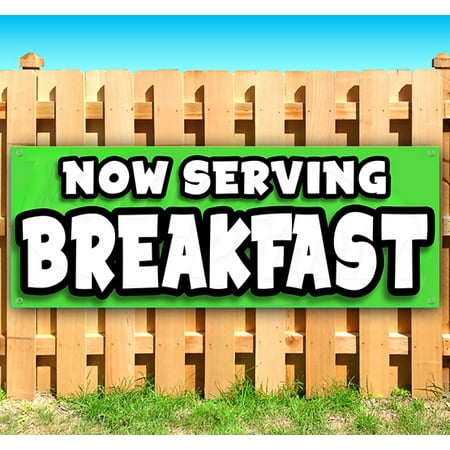 NOW SERVING BREAKFAST 13 oz heavy duty vinyl banner sign with metal grommets, new, store, advertising, flag, (many sizes available)