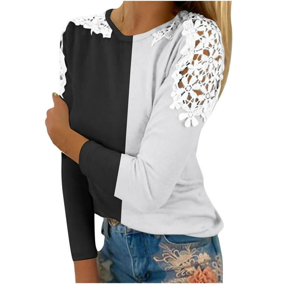 STETMN Women's Basic Crew Neck Top Lace Patchwork Long Sleeve Shirts Casual Color Block Fall T-Shirt
