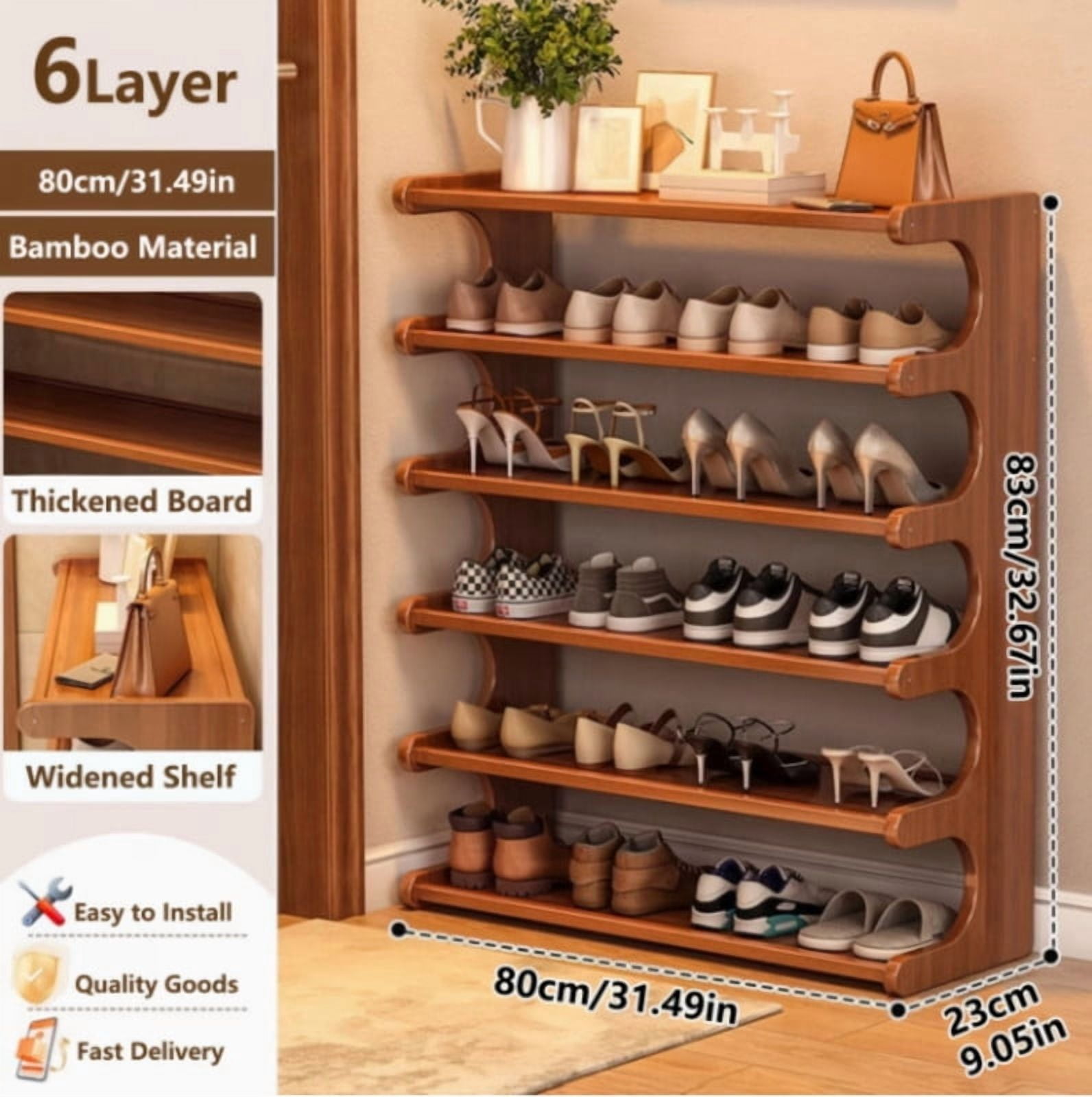 6 Layer Bamboo Shoe Rack, Tall Narrow Shoe Rack Organizer, Multifunction Display Shelf, Space Saving Shoe Organizer Shoe Shelf for Entryway, Closet, Corner, Doorway