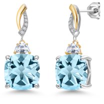 Gem Stone King 925 Silver and 10K Yellow Gold Sky Blue Topaz and Moissanite and White Lab Grown Diamond Dangle Earrings for Women | 18.21 Cttw | Gemstone November Birthstone | Cushion 12MM