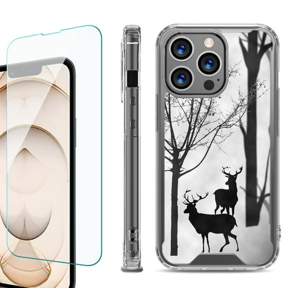 Shockproof Bumper Phone Case for iPhone 13 Pro Max, with Tempered Glass Screen Protector, by OneToughShield ® - Forest Deer
