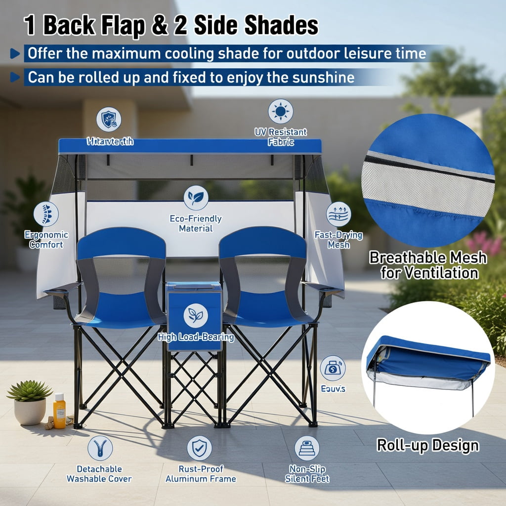 Hommoo Double Beach Chair with Adjustable UPF50+ Canopy, 3-Side Roll-Up Shade Curtains, Built-in Cooler Bag & Mesh Ventilation, Navy