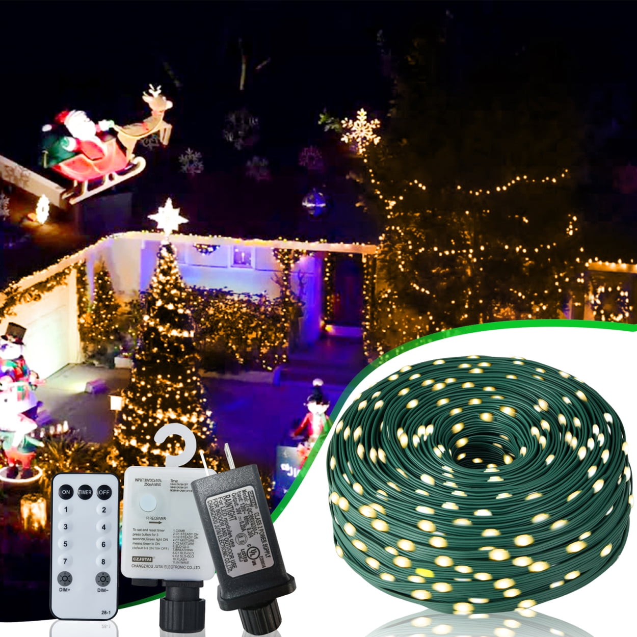 1000 LED Christmas String Lights with Remote Control, 328Ft Christmas Rope Lights with 8 Lighting Modes and Timer Function, Outdoor Xmas Lights for Holiday Wedding Party DIY Garden Decor, Warm White