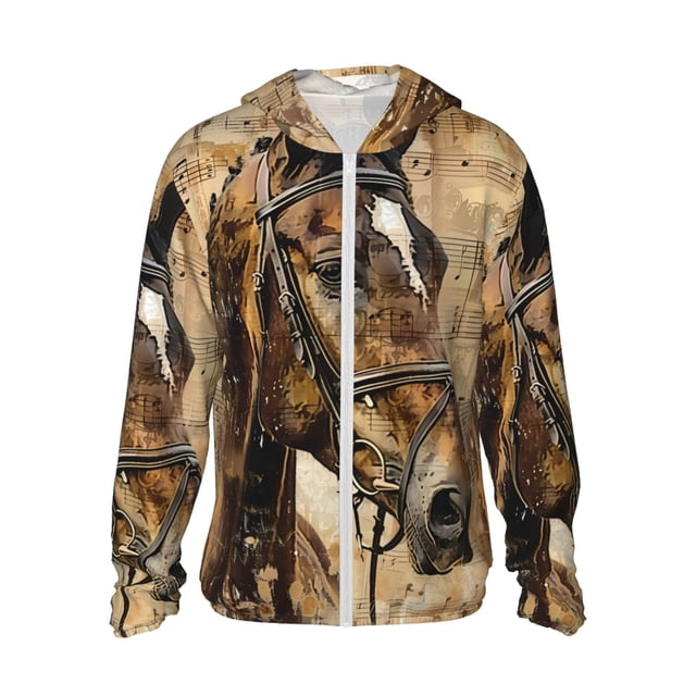 Fotbe Musical Horse Vintage Collage Chaqueta con Protección Solar UPF 50+ para Hombre y Mujer, Camisa con Capucha y Bolsillos-Small