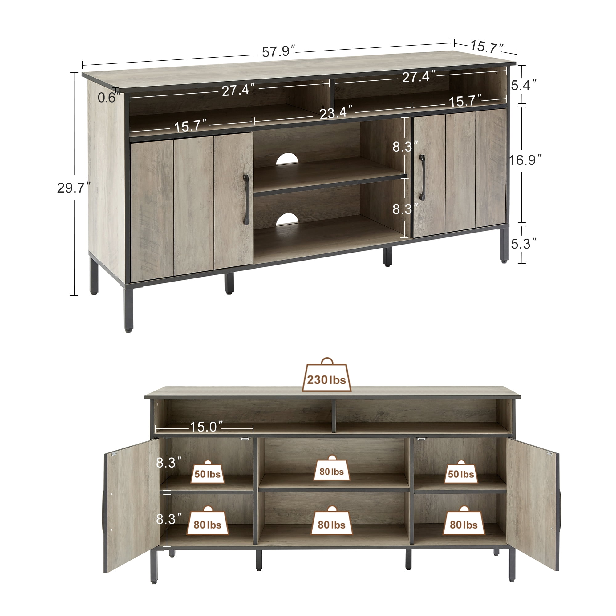 Aukfa 60 inch TV Stand for up to 65-inch with Adjustable feet,Rustic Gray