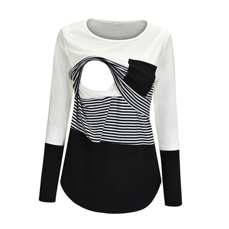 

Simplmasygenix Women s Casual Tops Short Sleeve Clearance Maternity Round Neck Stripe Patchwork Long Sleeve Breast Feeding Pregnant Woman Nursing Blouse Tops T-Shirt