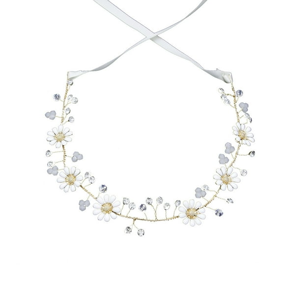 Hemoton Crystal Hair Wreath Bridal Headpiece Simulation Floral Crown Daisy Flower Headband Rhinestone Garland for Holiady Wedding Photography(Golden)