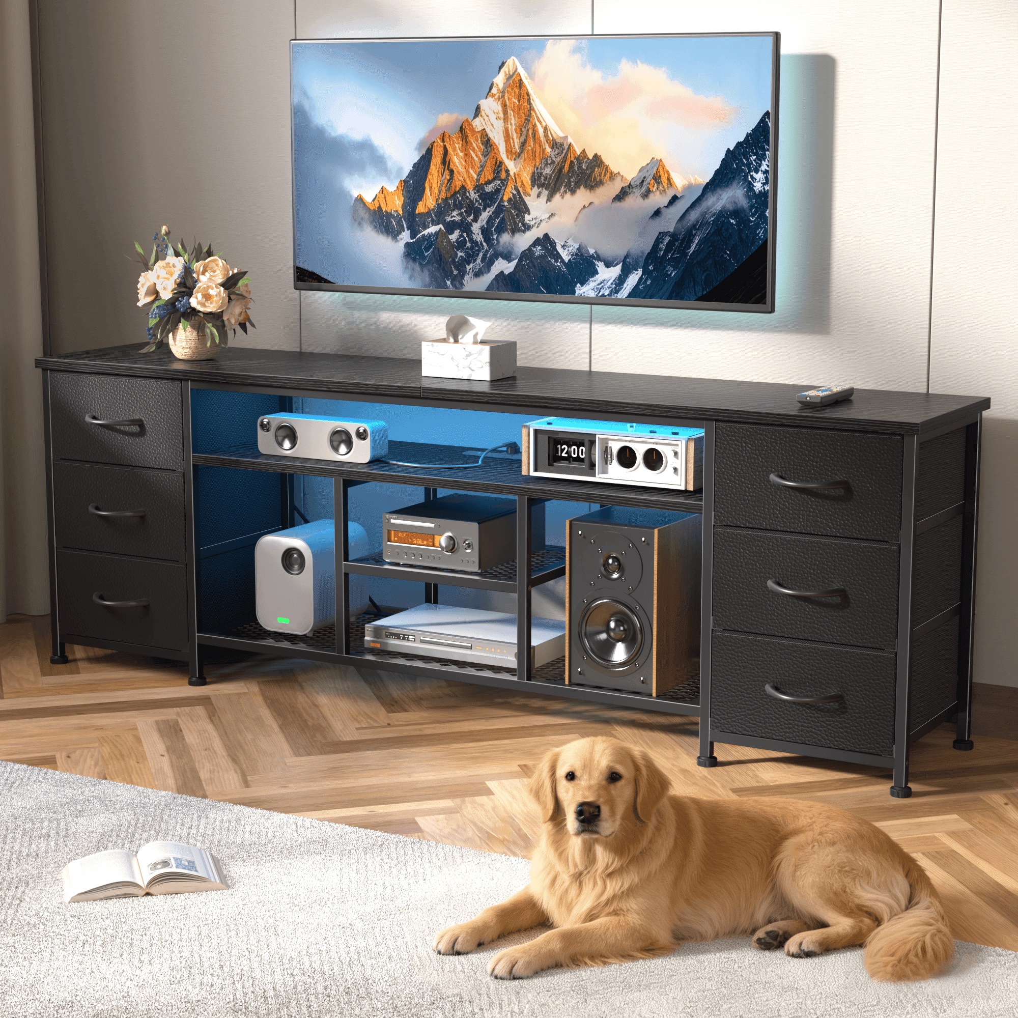 Tydimor Modern TV Stand for TVs up to 80", LED Entertainment Center with Power Outlets and 6 Drawers, Media Console with Storage for Living Room, Black