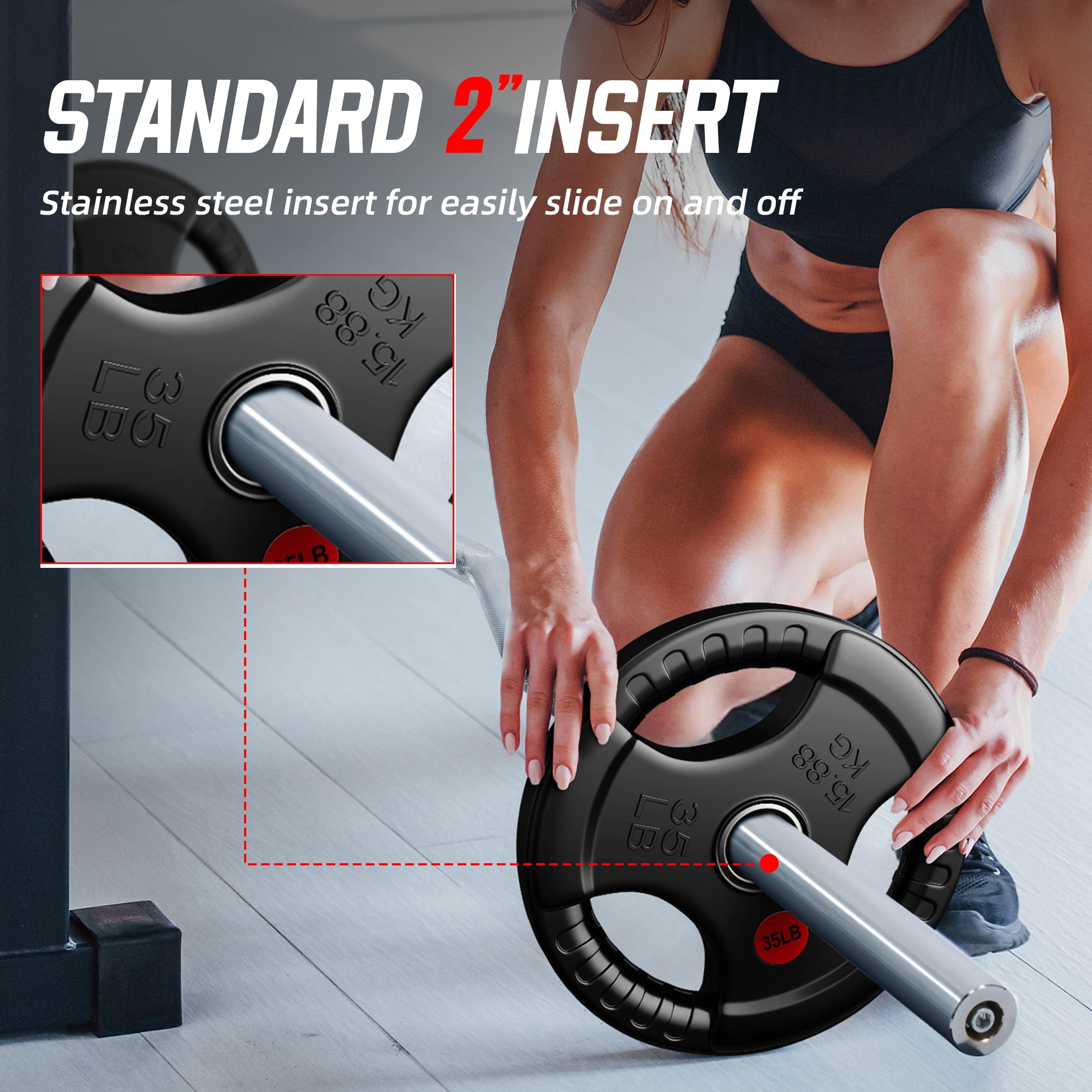 Signature Fitness 3-Grip Olympic Rubber Weight Plates, 2.5LB–45LB, Black with Red Label, Pair or 4-Pack