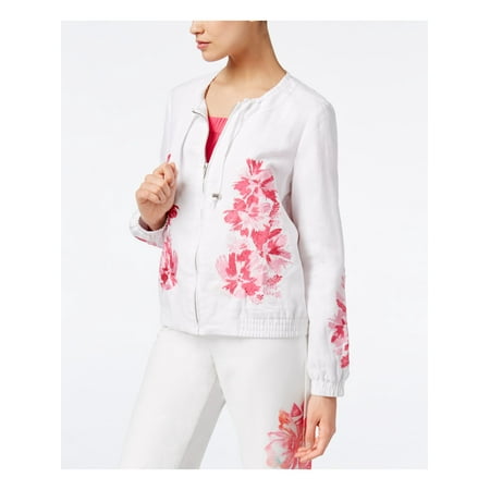 INC Womens Pink Embroidered Floral Zip Neck Zip Up Jacket L