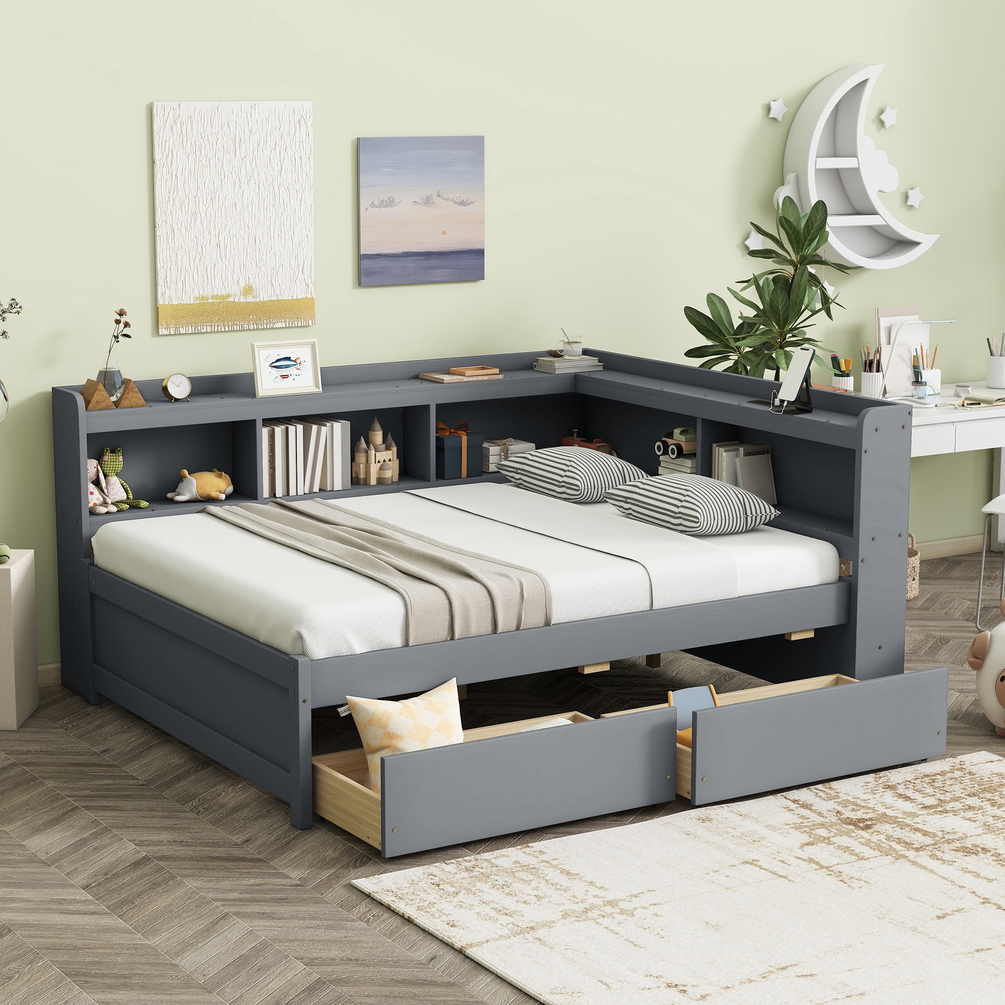 Sailvan Full Size L-shaped Bookcases Bed with Power Outlets, USB Charging Ports,Two Drawers