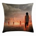 thumbnail image 1 of Zombie Decor Throw Pillow Cushion Cover, Group of People in Flame in the Water under Storm Clouds Image, Decorative Square Accent Pillow Case, 24 X 24 Inches, Pearl Egg Shell Vermilion, by Ambesonne, 1 of 2