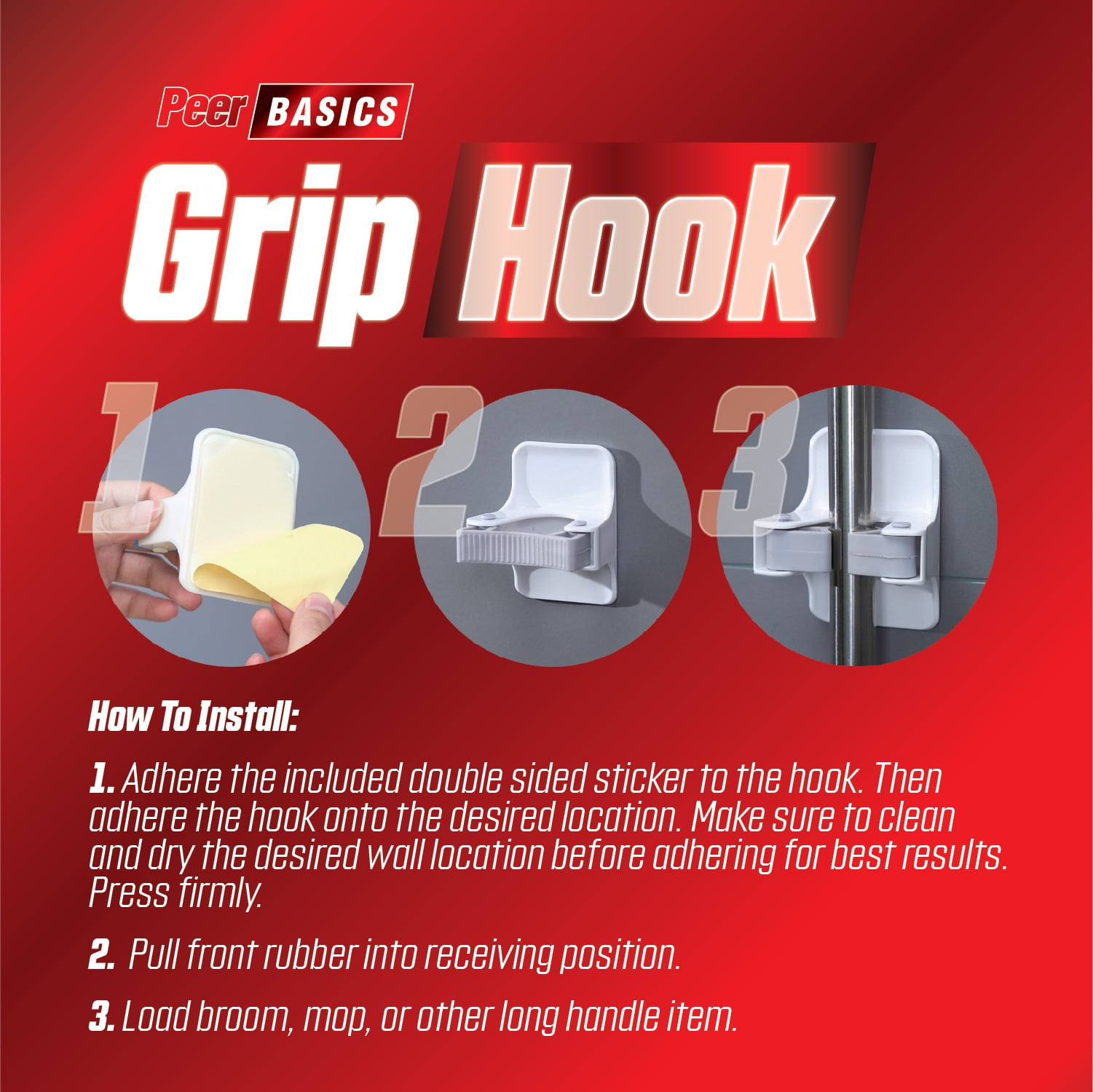 PeerBasics, Grip Hook, 6.5lb Capacity, Plastic, One Size, White, Adhesive Sticker Included