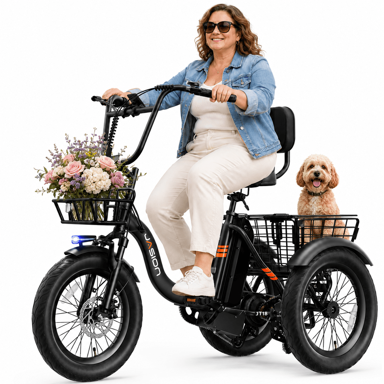 Jasion JT18 Step-Thru Electric Tricycle for Adults, 500W 3 Wheel Electric Bike with Front & Rear Baskets, 48V 13Ah Battery, 55-Mile Range, 18" Fat Tires, Black