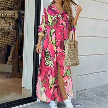 

Zedker Womens Dresses for Wedding Guest With Sleeves Winter Wedding Guest Dresses for Women 2022 Women s Casual Lapel Print Button Single Breasted Long Sleeve Shirt Split Long