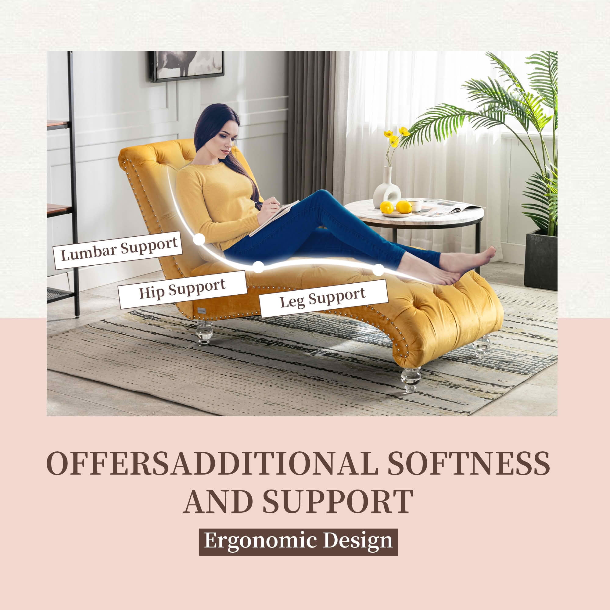 MAYEERTY Velvet Button Tufted Chaise Lounge with Pillow, Ergonomic S-Shape Indoor Lounge Chair with Wood Frame Acrylic Legs for Bedroom Living Room Office