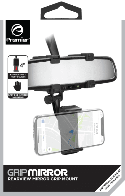 Premier Universal Mirror Phone Mount. Conveniently mount your smartphone to your rearview mirror.  The expandable arms securely fasten your device even on the bumpiest roads.  Enjoy handsfree conversa