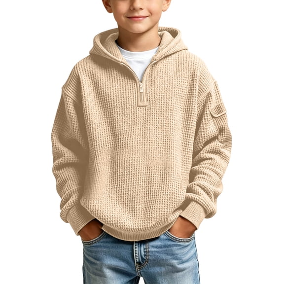 Hoodies for Boys Trendy Back to School Pullover Sweatshirts Casual Quarter Zip Waffle Knit Hoodie Kids Long Sleeve Hooded Shirts Loose Fit Tops Fall Winter Clothes 3-14 Years
