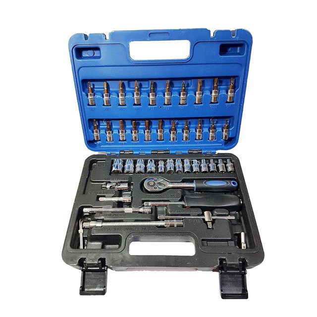 Socket Set, 46 Pieces, Spanner Socket Set 1-4" Car Repair Tool, Ratchet, Wrench Set Hand Tool, Blue | Chrome Vanadium Steel, Torx, Hex | Extension Bar & Sliding T-Bar For Easy Operation