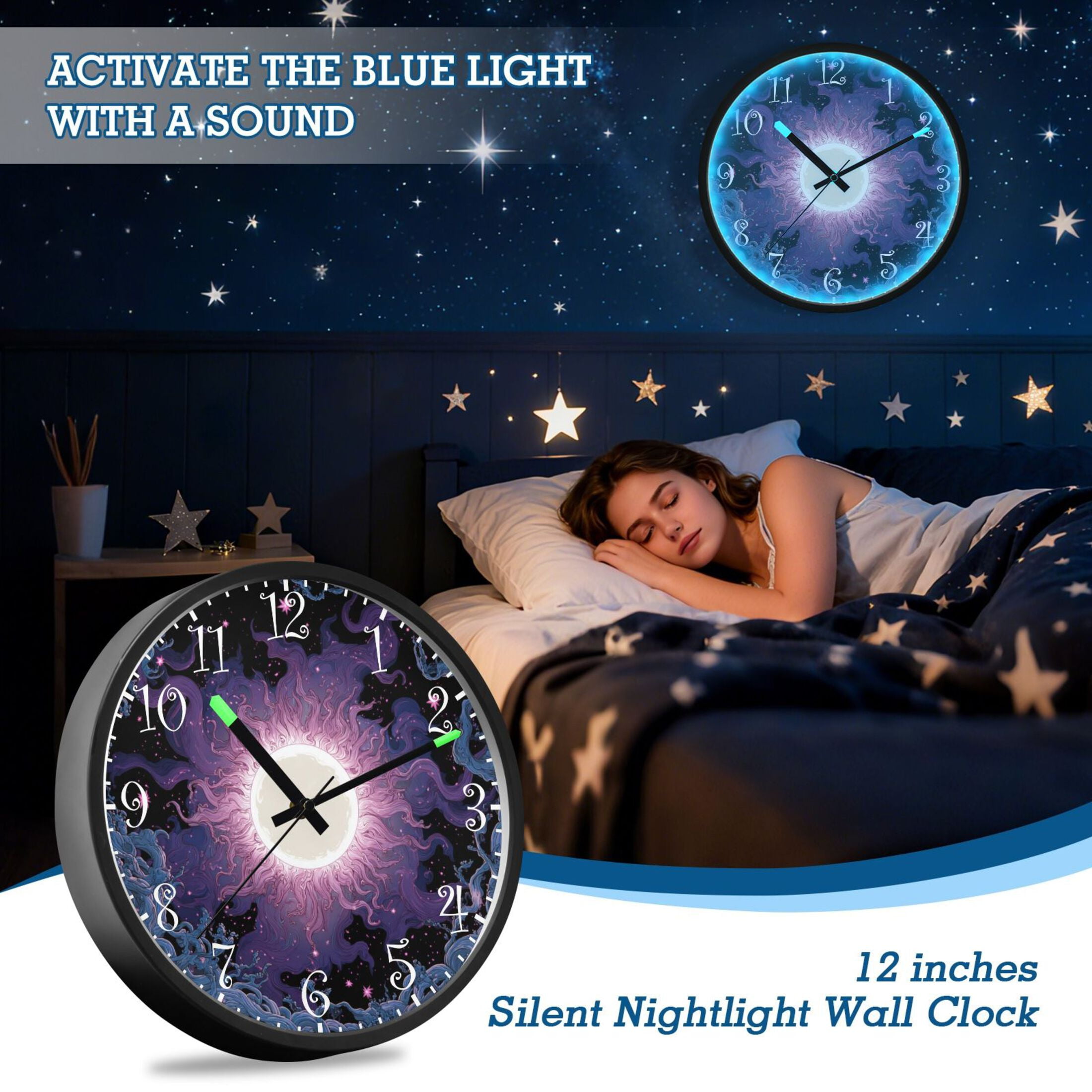 Voice Activated Clock with Glow Light 12 Inch Large Silent Wall Clock Battery Operated for Home Decor Solar Vortex