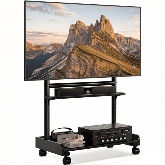 Mobile Rolling TV Stand with Wooden Storage Shelf for 40-86 Inch TVs, Height Adjustable