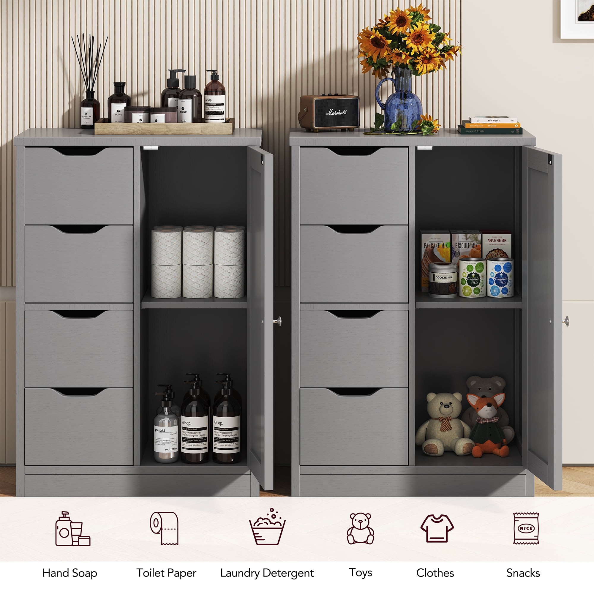 Walsunny Bathroom Floor Cabinet Storage Organizer Freestanding Wooden Cupboard with Door Drawers Adjustable Shelf for Small Spaces Laundry Room Kitchen Living Room Bedroom Home Office,Gray