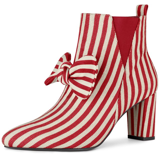 Unique Bargains Women's Pointed Toe Striped Bow Chunky Heels Ankle Boots