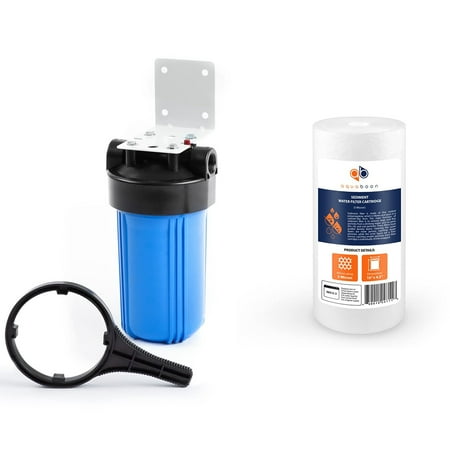 

4.5 X 10 Whole house water filter system with pressure release (1 port) and 1 pack of 5 micron 10 sediment filter replacement cartridge.