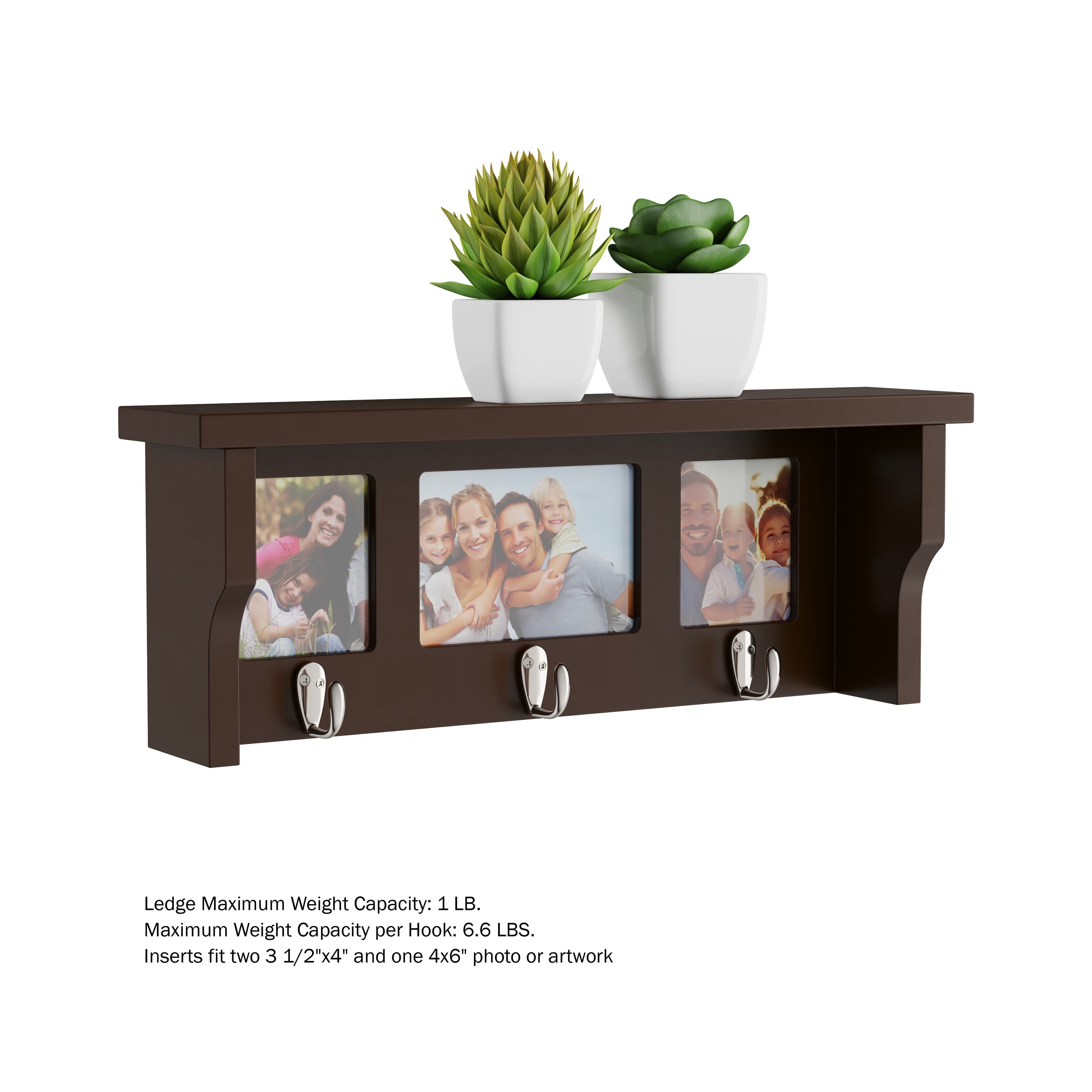 Wall Shelf And Picture Collage With Ledge And 3 Hanging Hooks