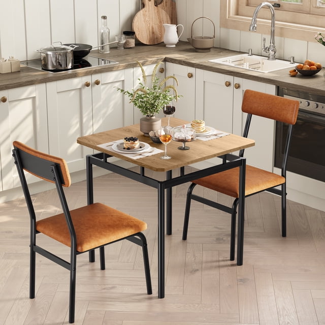 3-Piece Dining Table Set for 2 - Space-Saving Kitchen Table with Metal Frame & PU Leather Chairs, for Small Spaces/Apartment/Dining Room