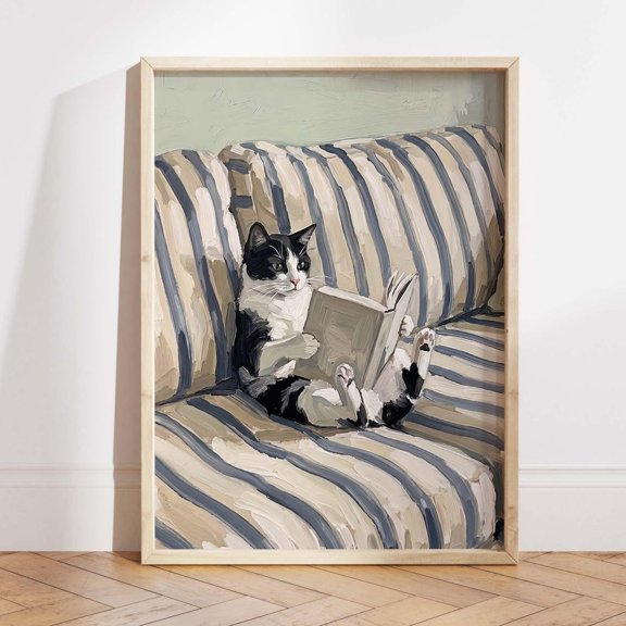 Reading Tuxedo Cat Book Lover Cozy Cottage Decorative Wall Art Poster