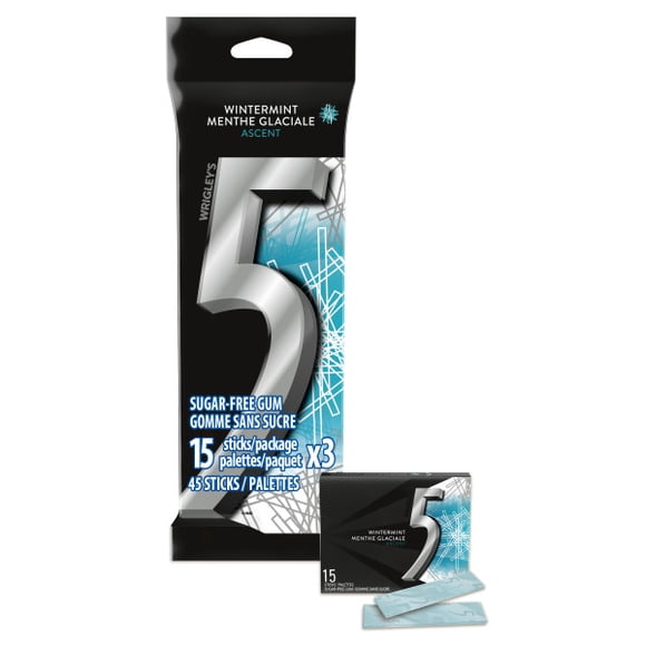 5 GUM, Wintermint-Ascent Flavoured Sugar Free Chewing Gum, 15 Sticks, 3 Packs