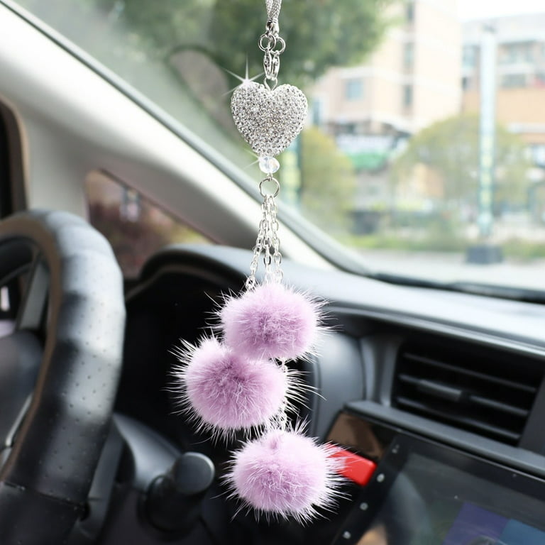 Shengshi Bling Car Mirror Accessories Creative Rear View Mirror Crystal Hanging Charms Lucky Pink Plush Ball Pendant Automobile Ornaments Red