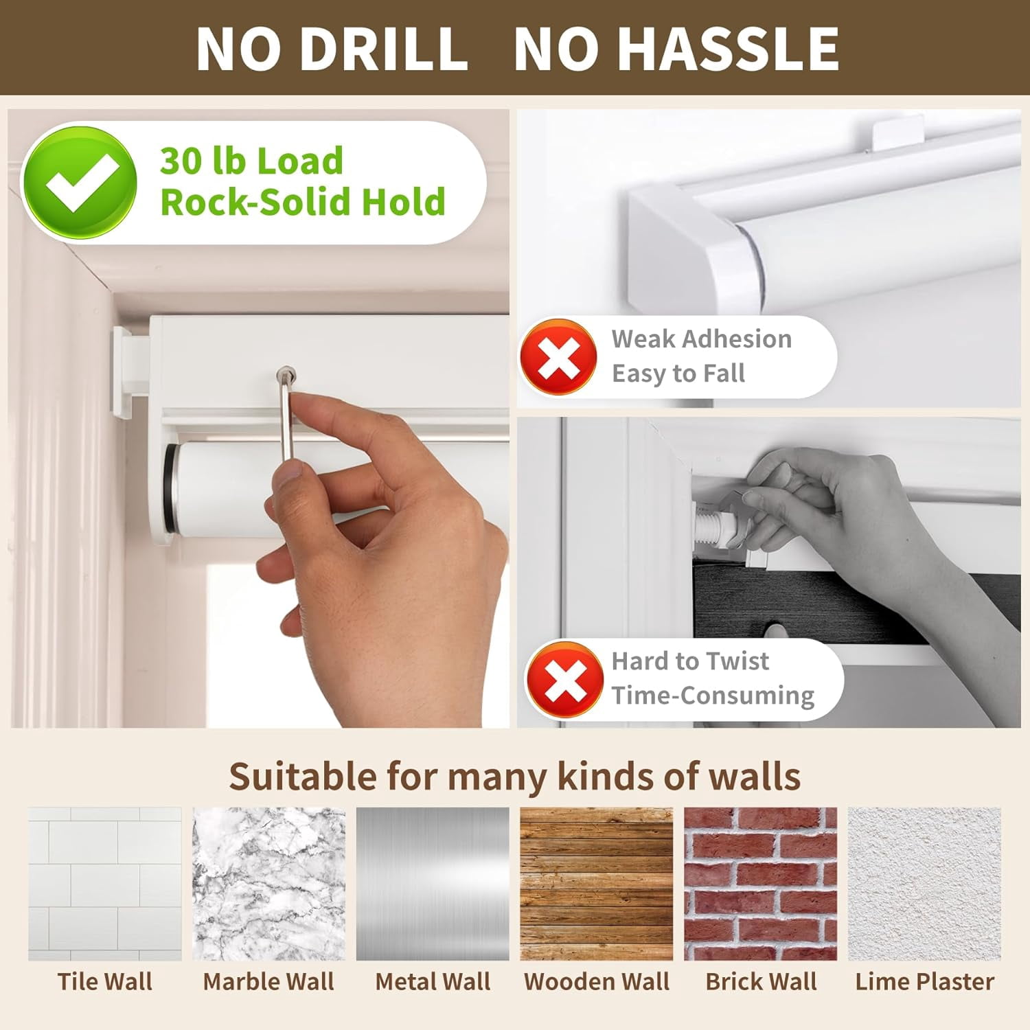 No Drill Cordless Blackout Roller Shades Screwless Waterproof Shower Window Blinds, Auto-Retraction Easy Install Blind for Bathroom/Kitchen/Office/Exterior, White, 34.5" W x 72" H