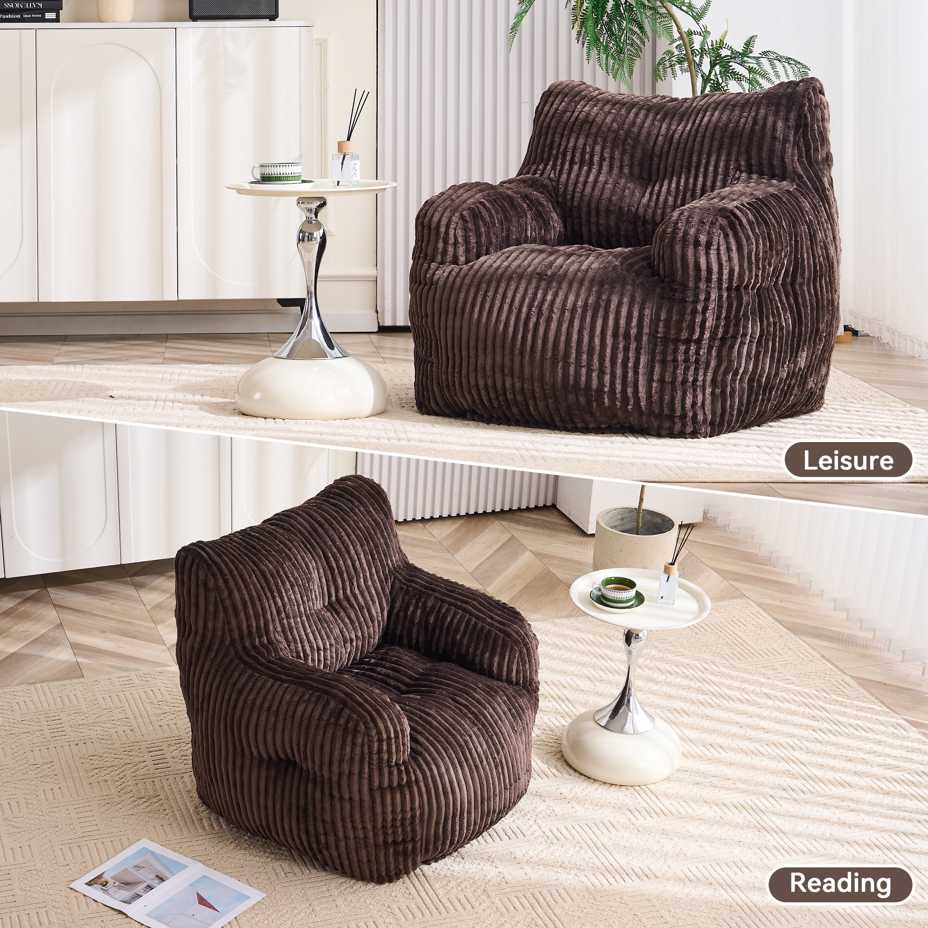 Soft Fluffy Corduroy Fabric Bean Bag Chair Filled With Memory Sponge,Brown
