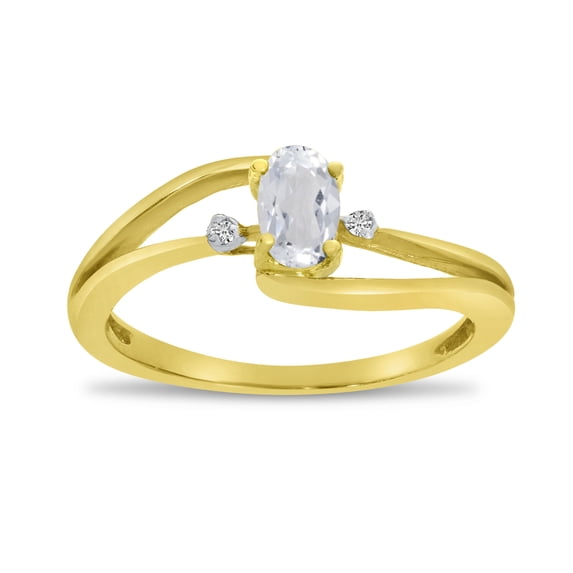 14k Yellow Gold Oval White Topaz And Diamond Wave Ring