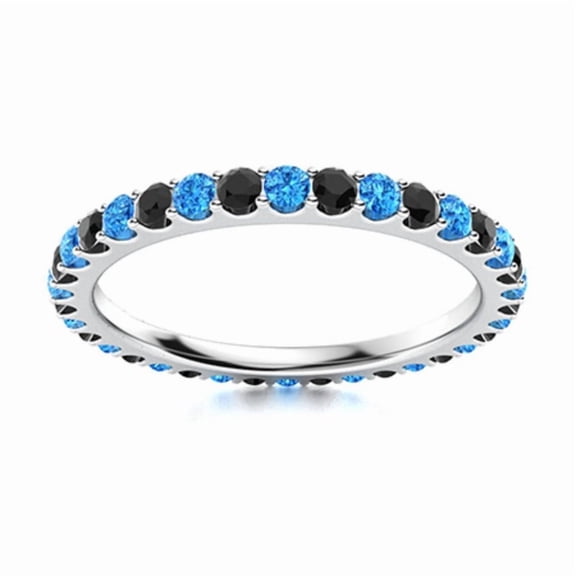 925 Sterling Silver 2MM Round Smoky Quartz & Swiss Blue Topaz Full Eternity Ring