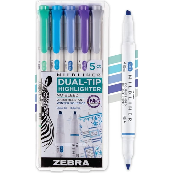 Zebra Pen 78325 Mildliner Dual-Tip Highlighter Set, Broad and Fine Tips, No Bleed, Ideal for Bible Highlighting, Journaling and Note-Taking, Assorted Winter Solstice Ink Colors, 5-Pack