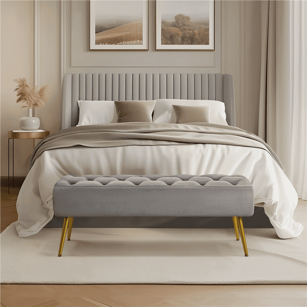 Yaheetech Velvet Upholstered Button Tufted Footstool Bench for Bedroom, Gray