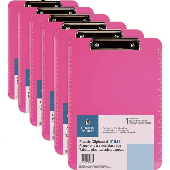 Business Source Flat Clip Plastic Clipboard - 9" x 12" - Low-profile - Plastic - Neon Pink - 6 / Bundle | Bundle of 2 Bundles