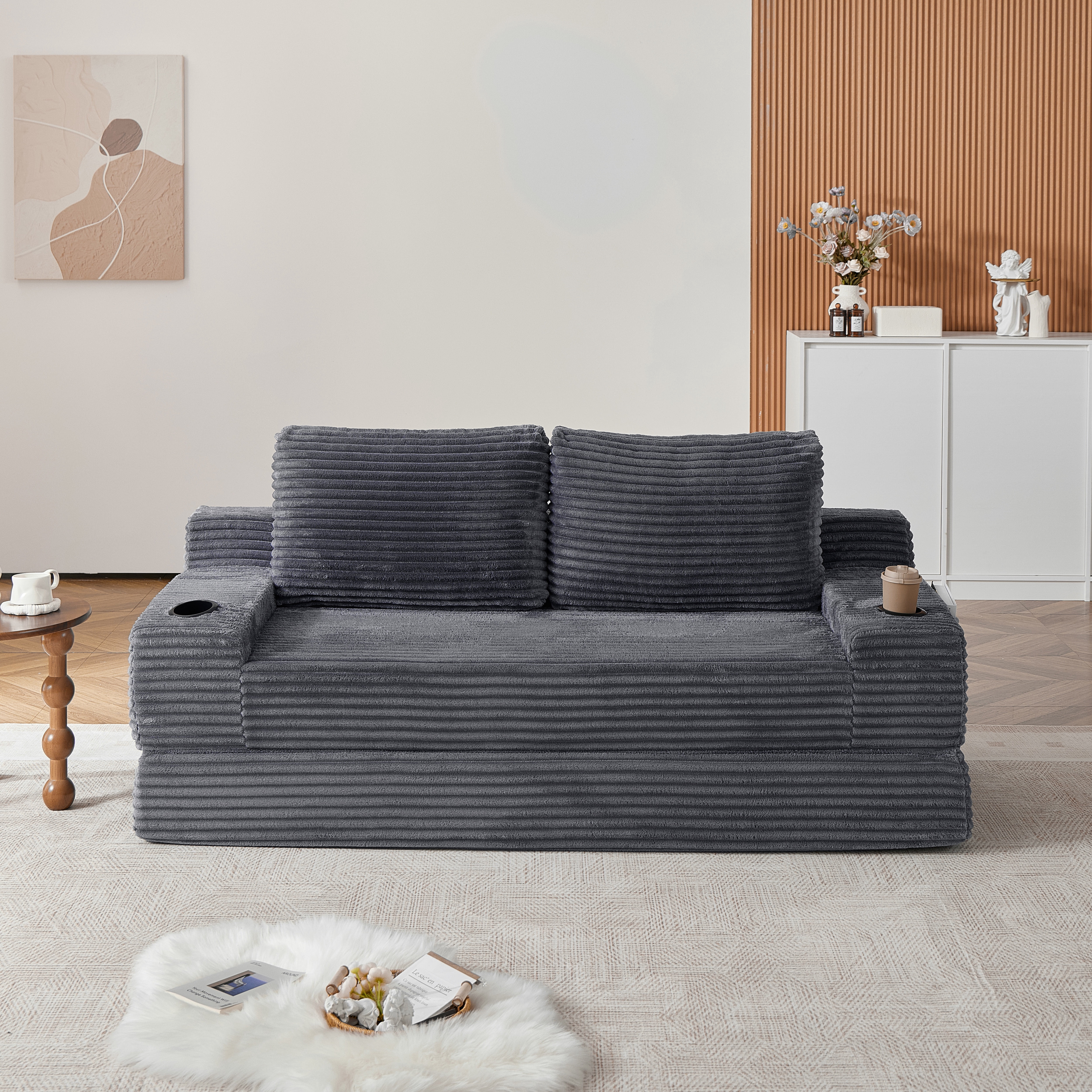 Leumius Futon Sofa Bed,Convertible Corduroy Boneless Couch with Cup Holders & Pocket,2-in-1 Foldable Sleeper Sofa for Living Room, Small Spaces, Bedroom, No Assembly,Gray