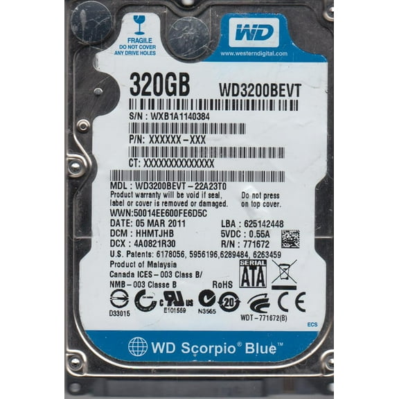 WD3200BEVT-22A23T0, DCM HHMTJHB, Western Digital 320GB SATA 2.5 Hard Drive