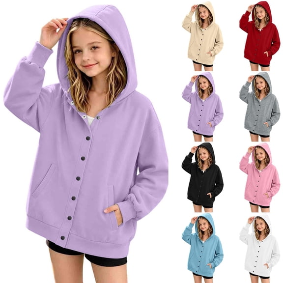 Huangx Girls Button Hoodie Sweatshirt, Long Sleeve Henley Pullover with Front Pocket, Casual Fall Winter School Outfit for Girls & Kids Light Purple 4-5 Years