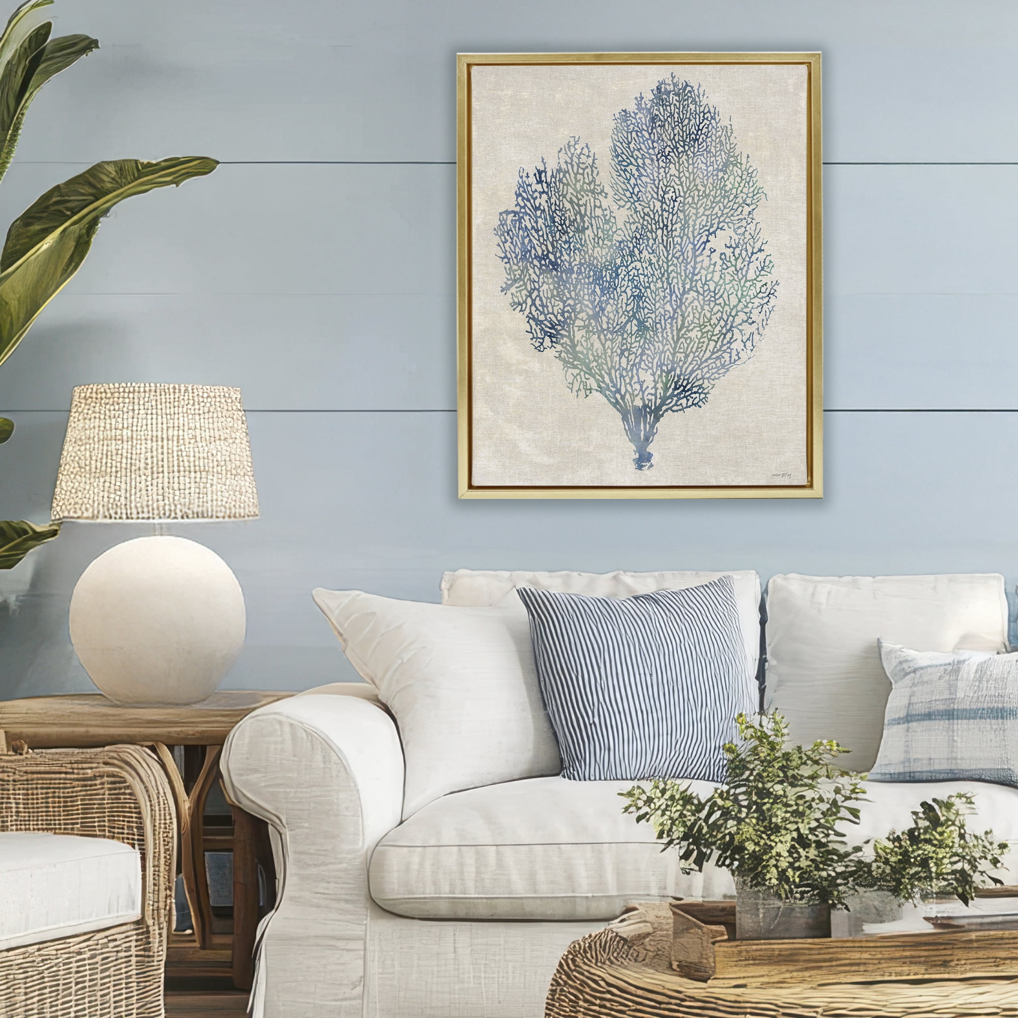 Stupell Industries Fan Coral in Blue & Green Gold Framed Floater Canvas Wall Art, design by Amber Sterling