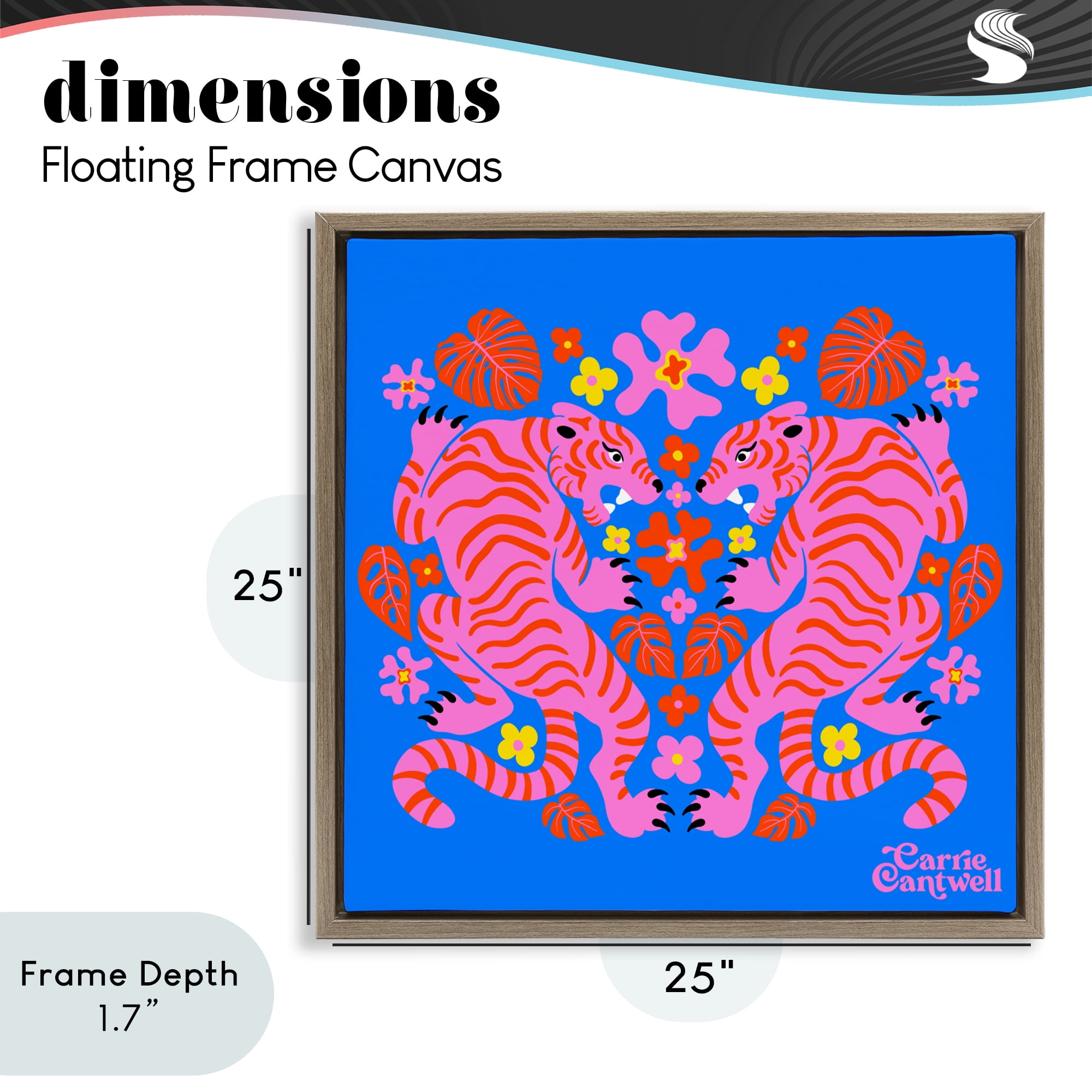Stupell Industries Pink Tigers and Monstera Brown Framed Floater Canvas Wall Art, design by Carrie Cantwell