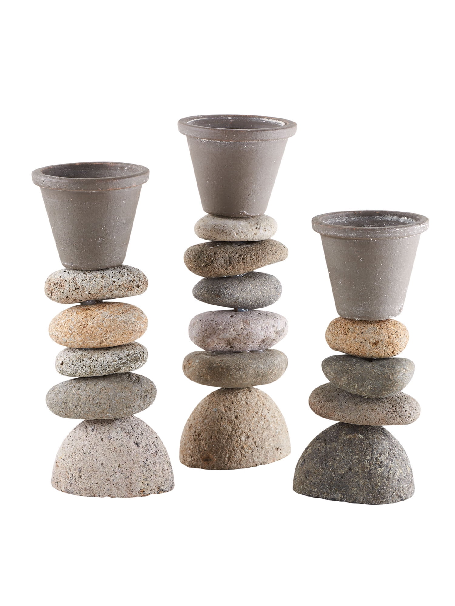 River Rock Cairn Planters Set of 3 Natural Stone Planters & Clay Flower Pots
