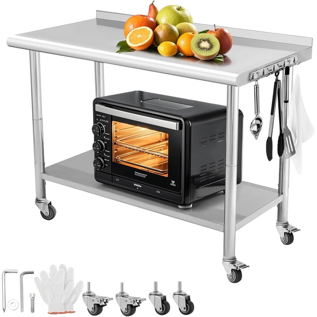 48x24 In Stainless Steel Work Table with Wheels Hooks and Backsplash Adjustable Shelf Heavy Duty Commercial Prep Table for Kitchen Garage Home Use